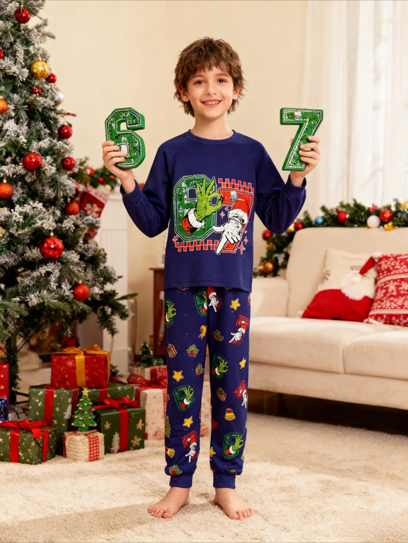 Kids' Christmas Santa Hat Print Pajama Set, Comfortable Soft Pajama Set For Holiday Gift Essential, Cartoon Print Pajama