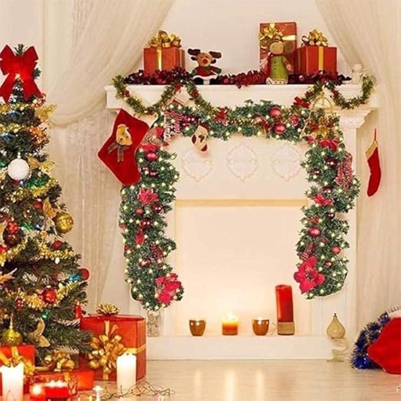 1 artificial Christmas garland light, green vines with red flowers indoor decorative lights, battery-powered LED lights, 2025 new Christmas atmosphere lights, suitable for home stairs, fireplaces, front porch doors, indoor and outdoor Christmas decoration
