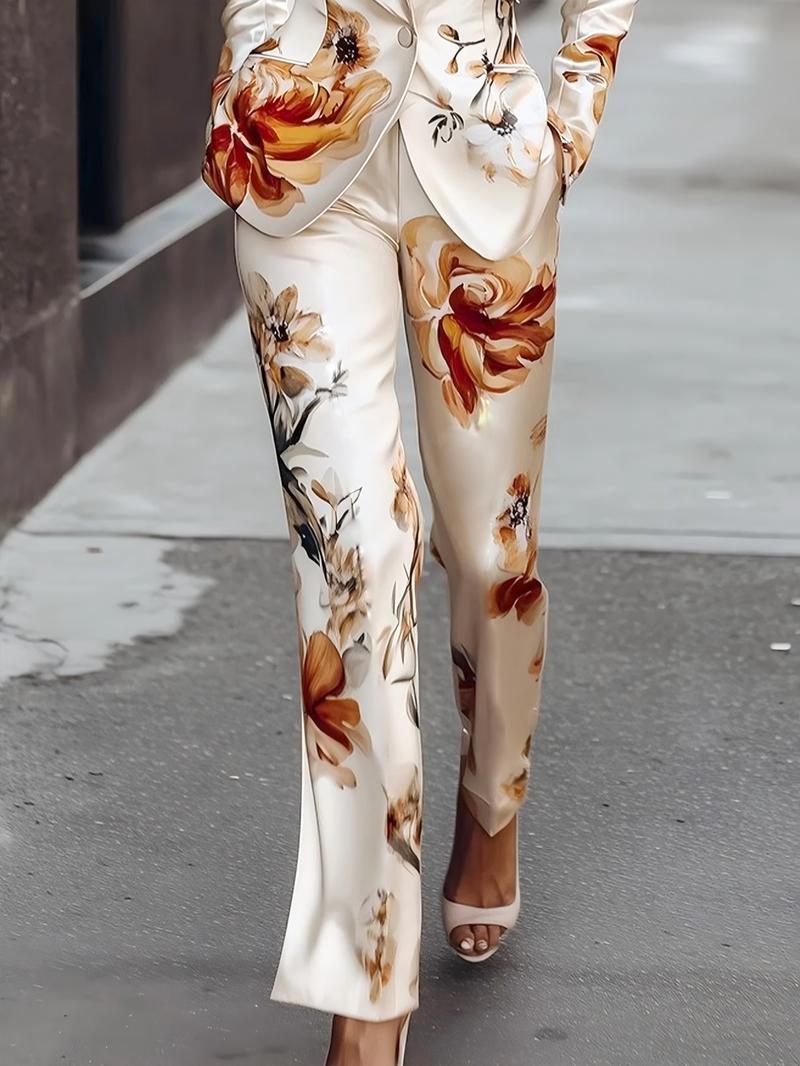 Two-piece Set Women's Floral Print Set, Elegant Long Sleeve Button Blazer & Pants Set, Women's Sleepwear for Spring & Fall