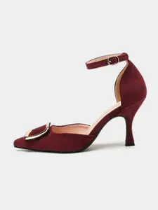 Women's Ankle Strap Back Cutout Pumps, Wine Red/Black/Brown/Purple Multi-color Faux Suede Pointed Toe Flared High Stiletto Heels, Metal Square Buckle & Adjustable Buckle Ankle Strap Vintage Luxury Design, Spring Autumn Formal Footwear for Wedding Banquet