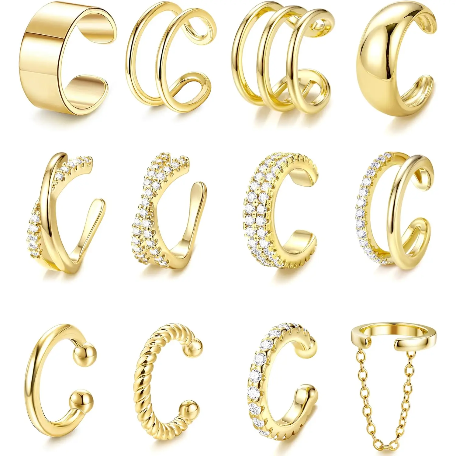 FIASASO 12Pcs Ear Cuffs Non Piercing - 14K Plated Gold Ear Cuff Earrings for Women Adjustable Earring Cuffs for Non Pierced Ears Clip on Cartilage Earring Fake Earrings Set