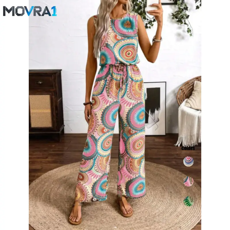 MOVRA1 Women's Casual Vintage Bohemian Boho Sleeveless Fitted Full Print Lady Jumpsuit Womenswear, Vacation, Retro Style One-Piece Romper, Comfortable and Stylish, Casual Comfy Overalls, Casual Jumpsuits