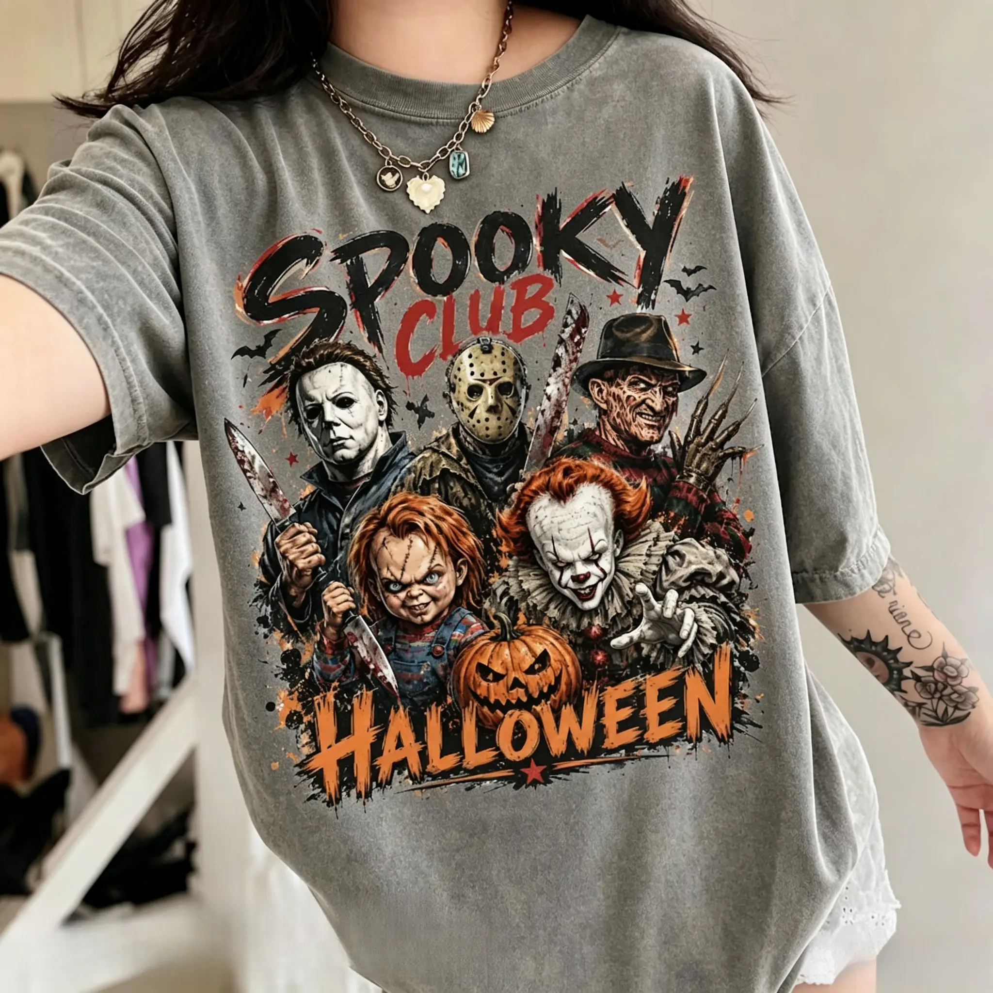 Horror Halloween Movie Characters Washed T-Shirt,Spooky Club Halloween Tee, Retro Halloween Graphic Shirt, Funny Horror Characters Shirt, Horror Halloween Lover Gift