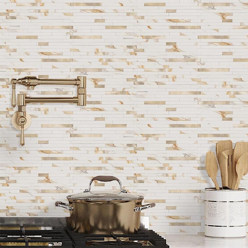 STICKGOO 20 Sheets Peel and Stick Backsplash Tile, Tile Stickers, Stick on Backsplash for Kitchen and Bathroom, Calacatta Gold Marble Look PVC Mixed Gold Self Adhesive Wall Tiles