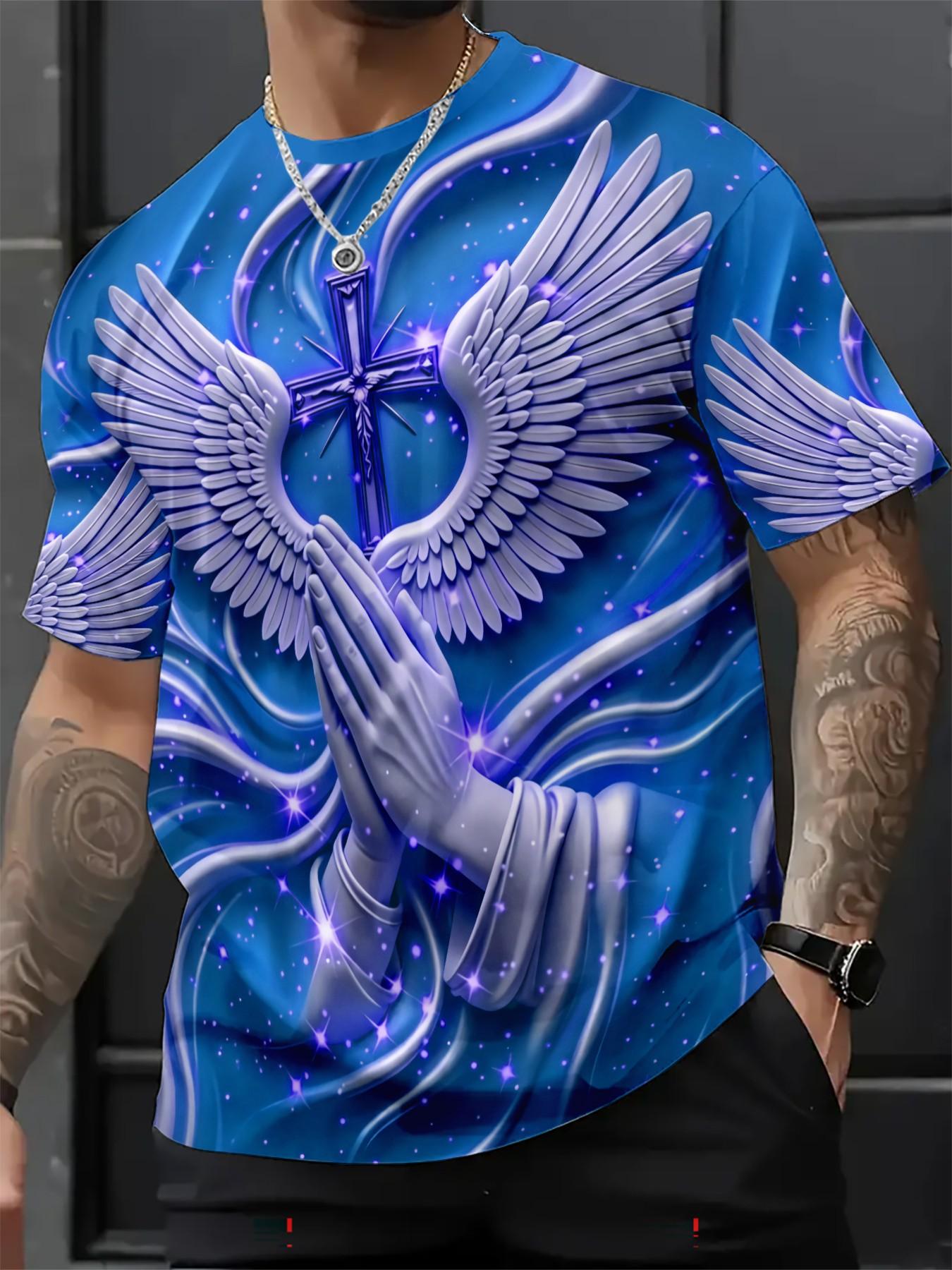 New Religious Prayer Hand Angel Wings Cross Print Men's Round Neck 3D High-Definition Short Sleeve, Sporty Slim-Fit Summer T-Shirt New Religious Prayer Hand Angel Wings Cross Print Men's Round Neck 3D High-Definition Short Sleeve, Sporty Slim-Fit Summer T-Shirt
