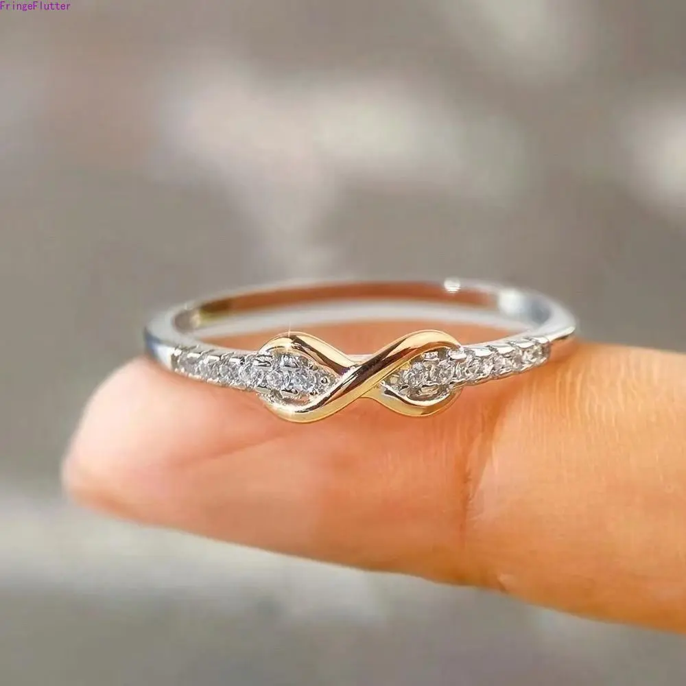 Women's Lucky Number 8 Ring, Sparkling Cubic Zirconia Inlaid Dainty Slim Band, Elegant Minimalist Polished Jewelry for Everyday Casual Wear & Bag Charm Accessory