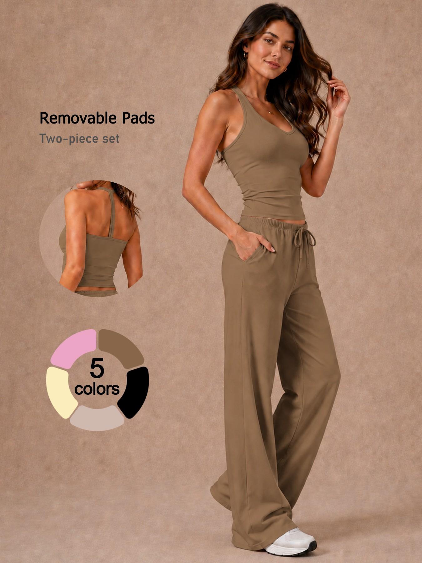 Two-Piece Women's Tank Top & Long Pants Set, Casual Fitness Wear, High Stretch Activewear, Quick-Dry Breathable Fabric, Sporty Top with Removable Pads & Adjustable Drawstring Wide-Leg Pants for Gym & Yoga, Summer Outfit, Sportswear