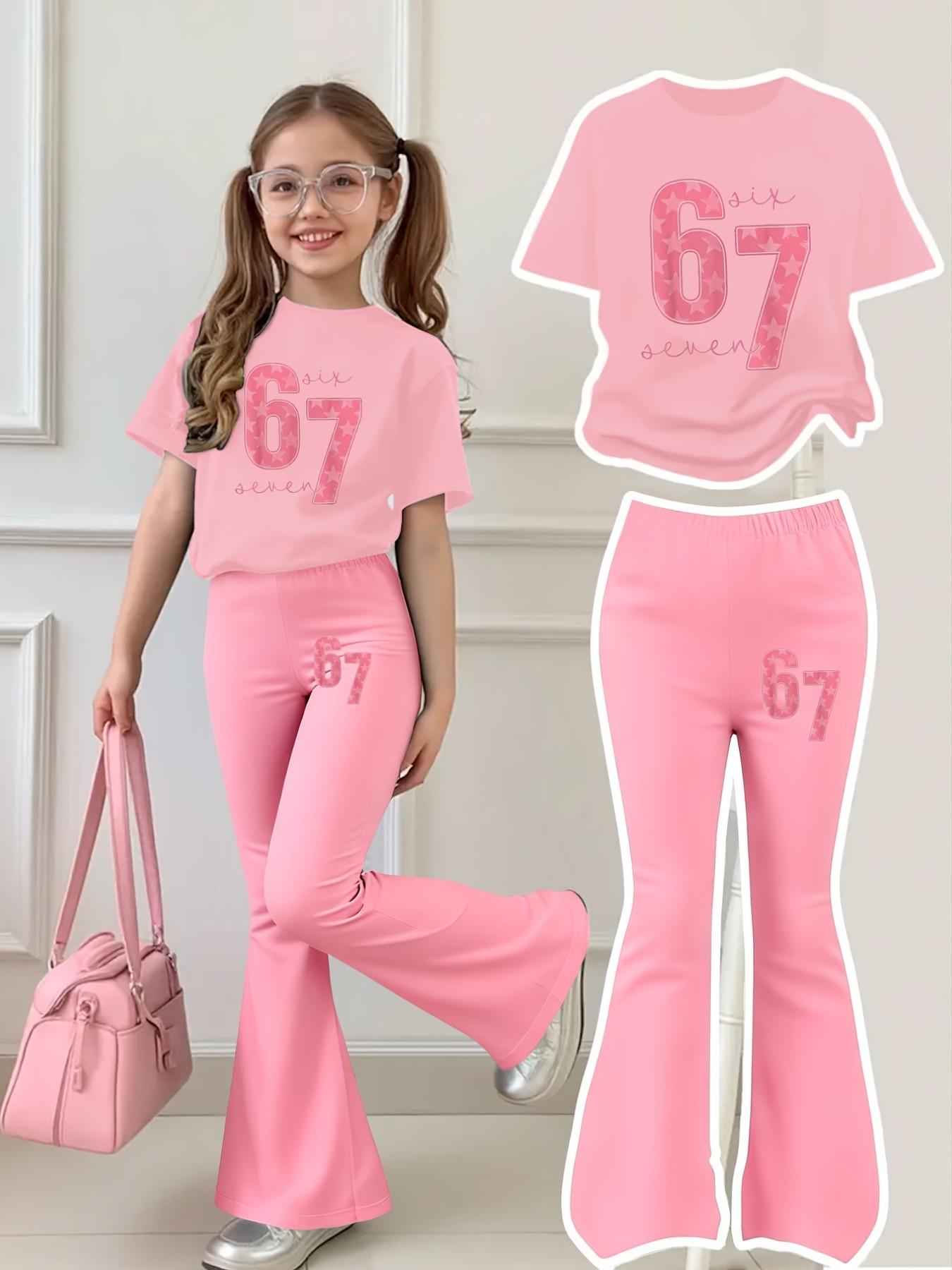 Girls' Sweet Cool Star Print Short Sleeve Bell Bottom Set, T-Shirt with Star Pattern, Casual Breathable Comfort