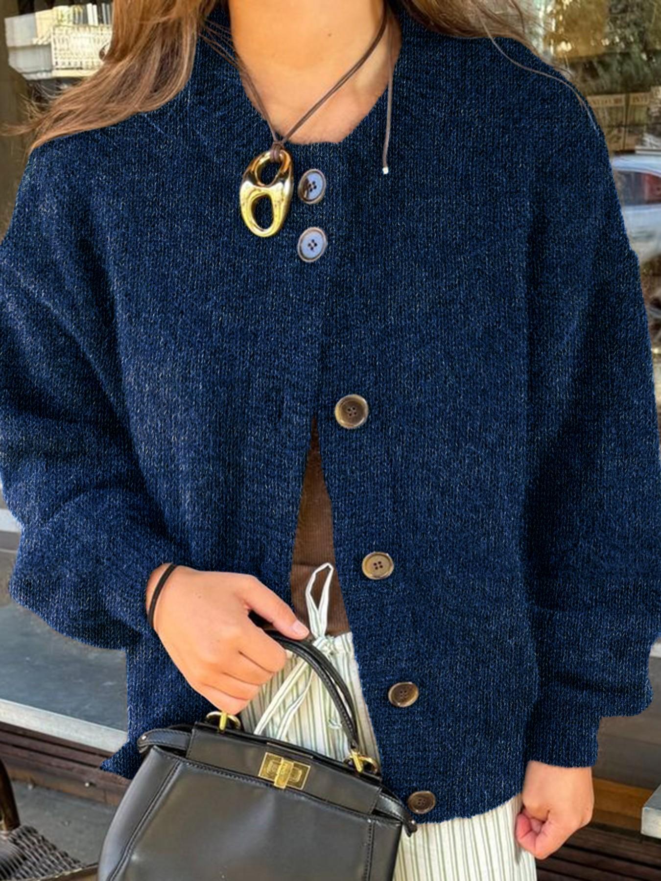 Autumn Winter New Retro Round Neck Solid Color Short Knitted Cardigan, Loose Long Sleeve Button Front Sweater Coat, Casual Daily Wear Women's Top