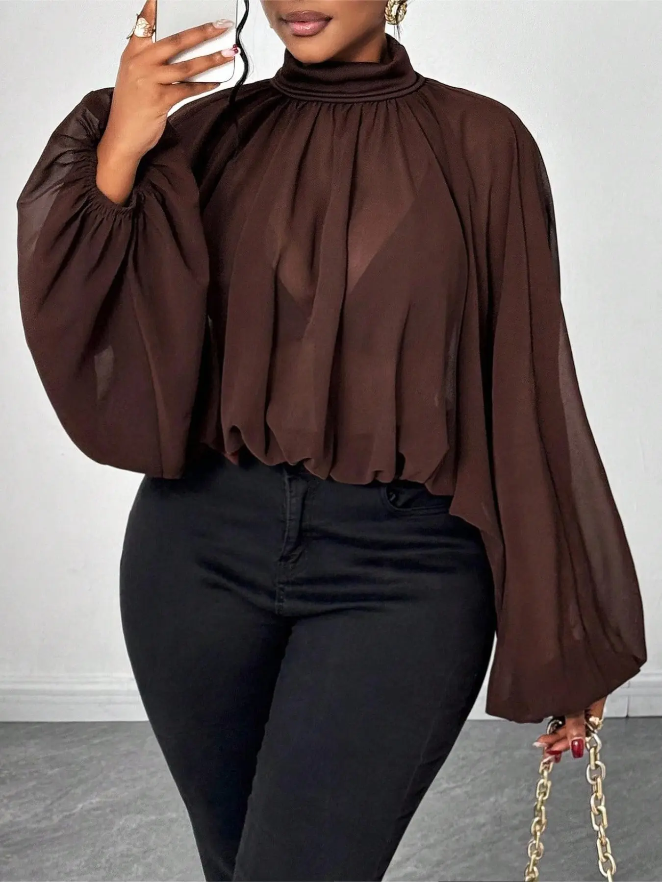 Women's Casual Fashion Top, Pure Color Stand Collar Lantern Sleeve Ruched Design, Spring & Fall Women's Clothing