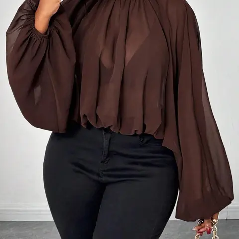 Women's Casual Fashion Top, Pure Color Stand Collar Lantern Sleeve Ruched Design, Spring & Fall Women's Clothing