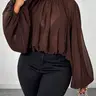 Women's Casual Fashion Top, Pure Color Stand Collar Lantern Sleeve Ruched Design, Spring & Fall Women's Clothing