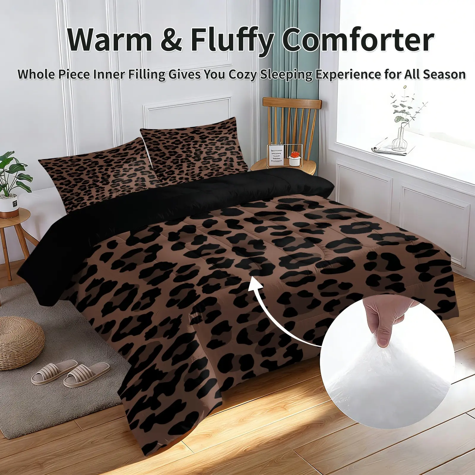 3Pcs Comforter Set Brown Leopard Print, 1 Comforter + 2 Pillowcases, Breathable Skin Friendly Fabric, Whole Piece Filling, Envelope Pillowcases, Aesthetic Decor For Leopard Enthusiasts Bedroom RV Dorm