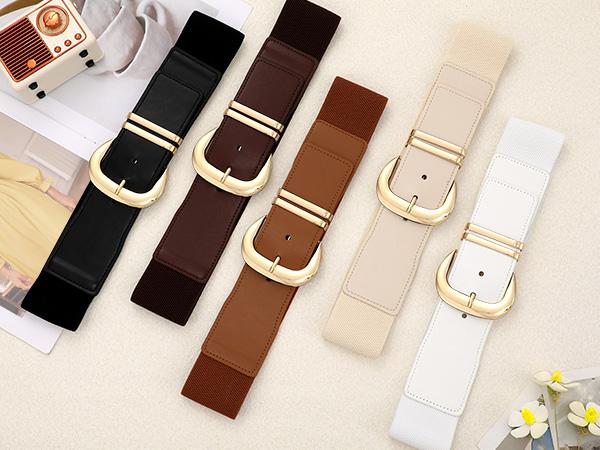 JASGOOD Women Wide Elastic Waist Belt for Dresses Fashion Gold Buckle Stretchy Leather Waistband for Ladies