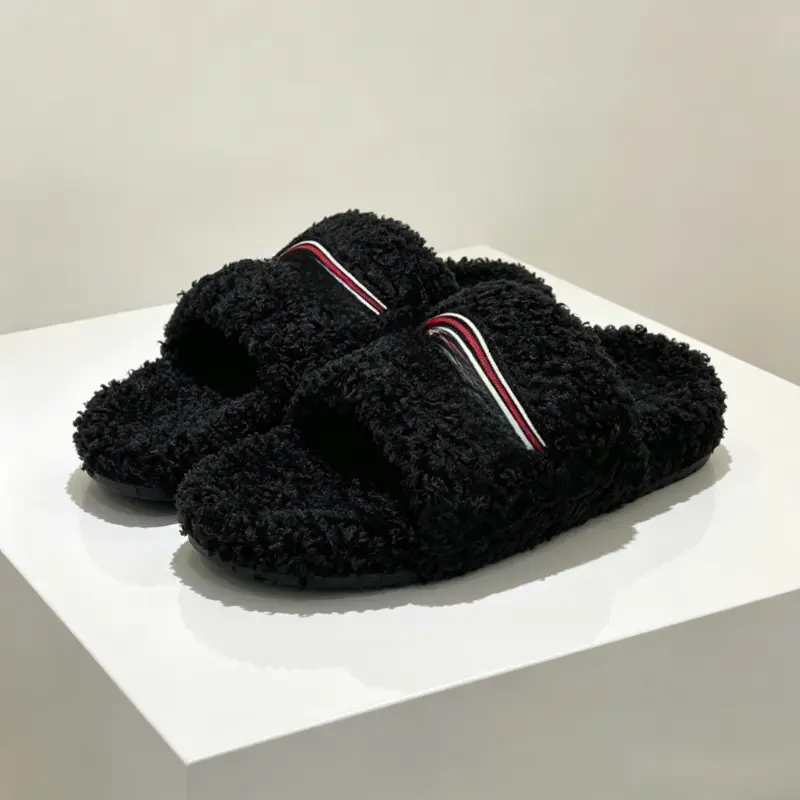 Women Fluffy Curly Fuzzy Slide Slippers, Soft Plush Open Toe House Slides, Embroidered Stripe Wide Strap Indoor Outdoor Comfort Sandals, Cozy Loungewear Non Slip Warm Winter Home Footwear for Daily Wear