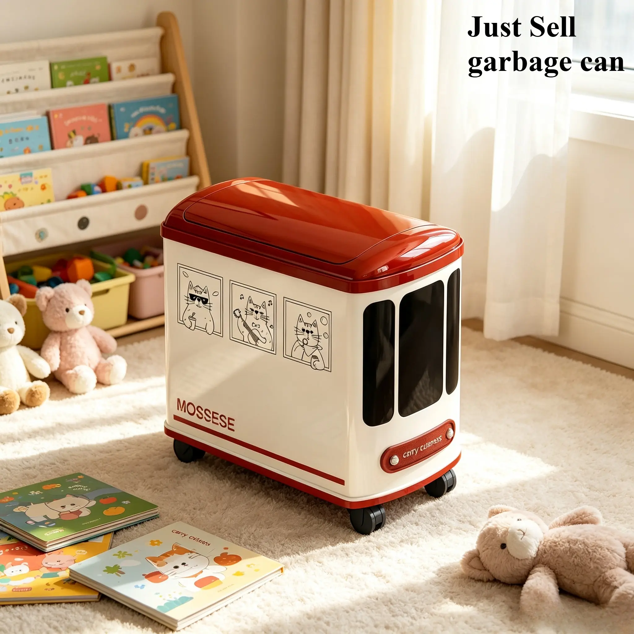 Compact Retro Bus Design Household Trash Can, Wheeled Odor-proof Waste Bin for Small Apartment Daily Use
