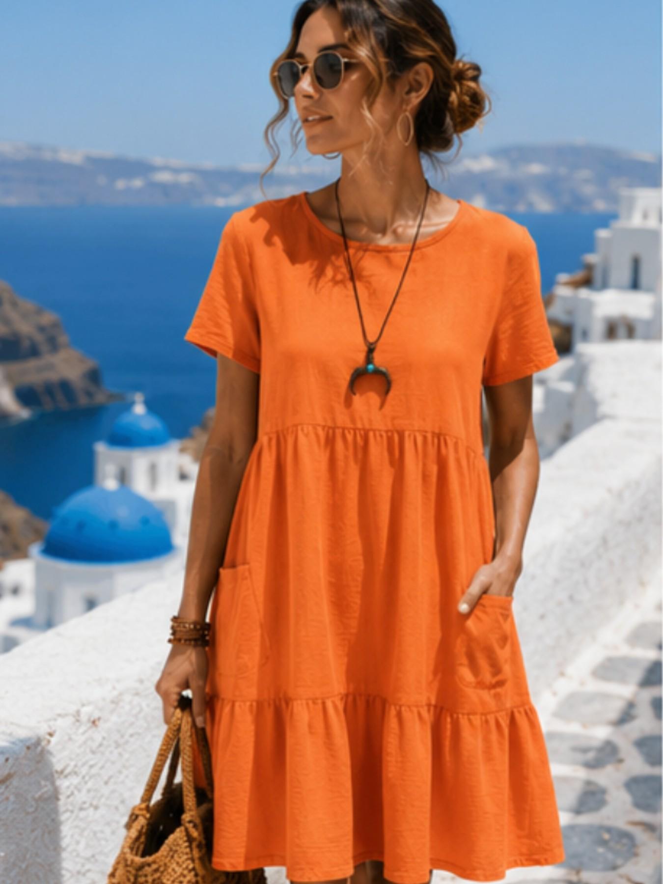 2026 Summer Cotton Linen Casual Womenswear Midi Dress, Breathable Loose Fit Short Sleeve, Round Neck Tiered Ruffle with Pockets, Comfy for Vacation & Daily Wear