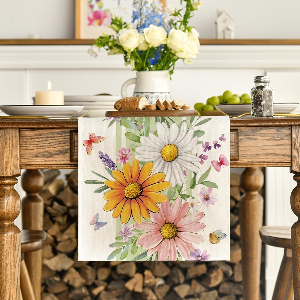 1 PC, Spring Daisy Leaf Table Runner Spring Theme Seasonal Summer Kitchen Table Decoration Home Party Decor