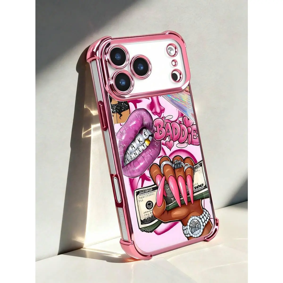 1PC Electroplated Corner Air Cushion Shockproof / Thick Transparent TPU Case, Pink Lip Makeup Nail Money BADDIE Fashion Art Pattern, Compatible With IPhone17/16/15/14/13/12/X/PLUS/PRO/PROMAX, Galaxy S25/S24/S23/S22PLUS/Ultra, Waterproof, Drop Resistant, S