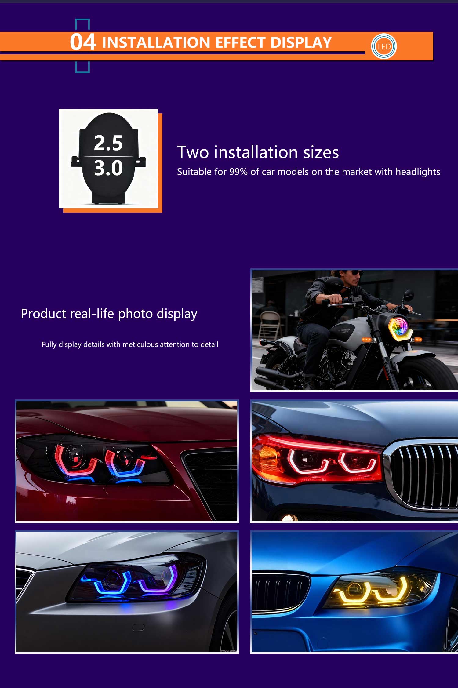 2PCS 5D RGB Angel Eyes Halo Rings Lights with Turn Signal Lights APP Bluetooth LED Motorcycle Retrofit DRL Car Headlight