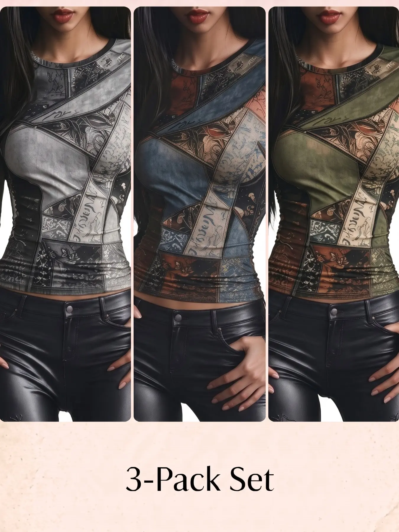 Round Neck Retro Patchwork Print Long Sleeve Top, 3-Pack Stretch Fitted Vintage Pattern Shirt, Soft Versatile Girlie Innerwear T-Shirt