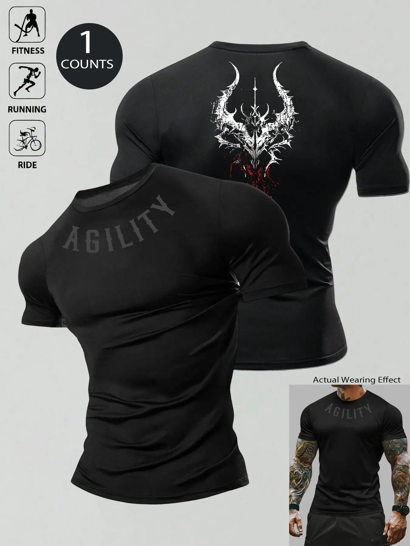 Men's Gothic Dragon Print Quick-Dry T-Shirt, Slim-Fit Breathable Workout Top, Four-Way Stretch Sportswear for Fitness, Running, Cycling, Streetwear