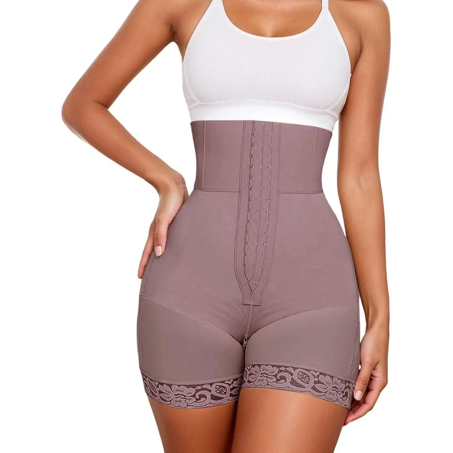 Women's Strapless Colombian Faja Body Shaper Shorts - High Waist, Spandex-Nylon Seamless, Tummy Control, Butt Lifter, Zip-Up Crotch, Smooth Compression Fabric, Beige, Everyday, Retro, for Wedding, Body Contouring