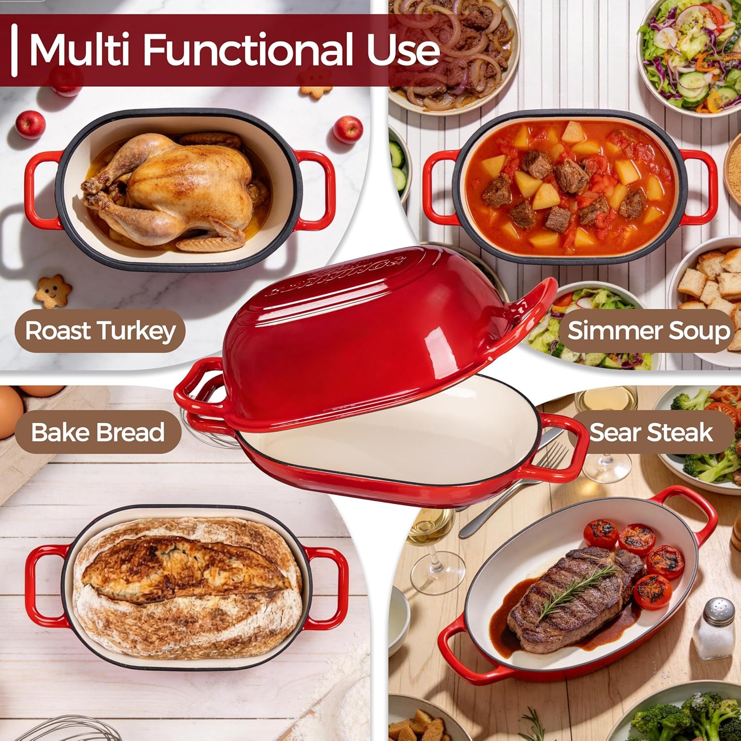 Oval Dutch Oven for Bread Baking, 12 x 8 Inch Cast Iron Bread Oven for homemade bread, Sourdough Dutch Oven Bread baking Pan for a Crispy Crust, 5QT, Cherry Oval Dutch Oven for Bread Baking, 12 x 8 Inch Cast Iron Bread Oven for homemade bread, Sourdough Dutch Oven Bread baking Pan for a Crispy Crust, 5QT, Cherry
