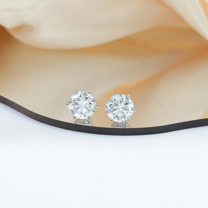 Delzzad S925 Six Prong Solitaire Earrings Round VVS Synthetic Moissanite Stud Earring Daily Costume Jewelry Accessories Perfect Birthday Wedding Anniversary Festive Gifts for Women Wedding Set