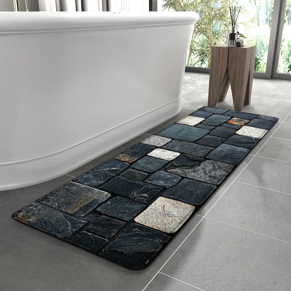 1PC， Black and White Stone Strip Splicing Patterned strip rugs, home décor, bathroom mats, entryway mats, bathroom non-slip mats, indoor entrance rugs, bedroom bedside mats, kitchen mats, hallway rugs, flannel sponge rugs, hallway runner rugs