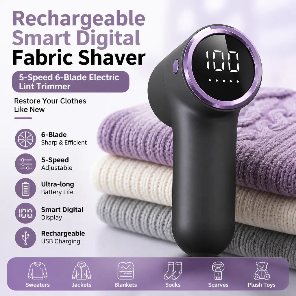 Household Garment Care Fabric Shaver, Rechargeable Smart Digital Lint Trimmer, 5‑Speed 6‑Blade Electric Sweater Hair Ball Remover, Portable Defuzzer for Sweaters, Jackets and Blankets
