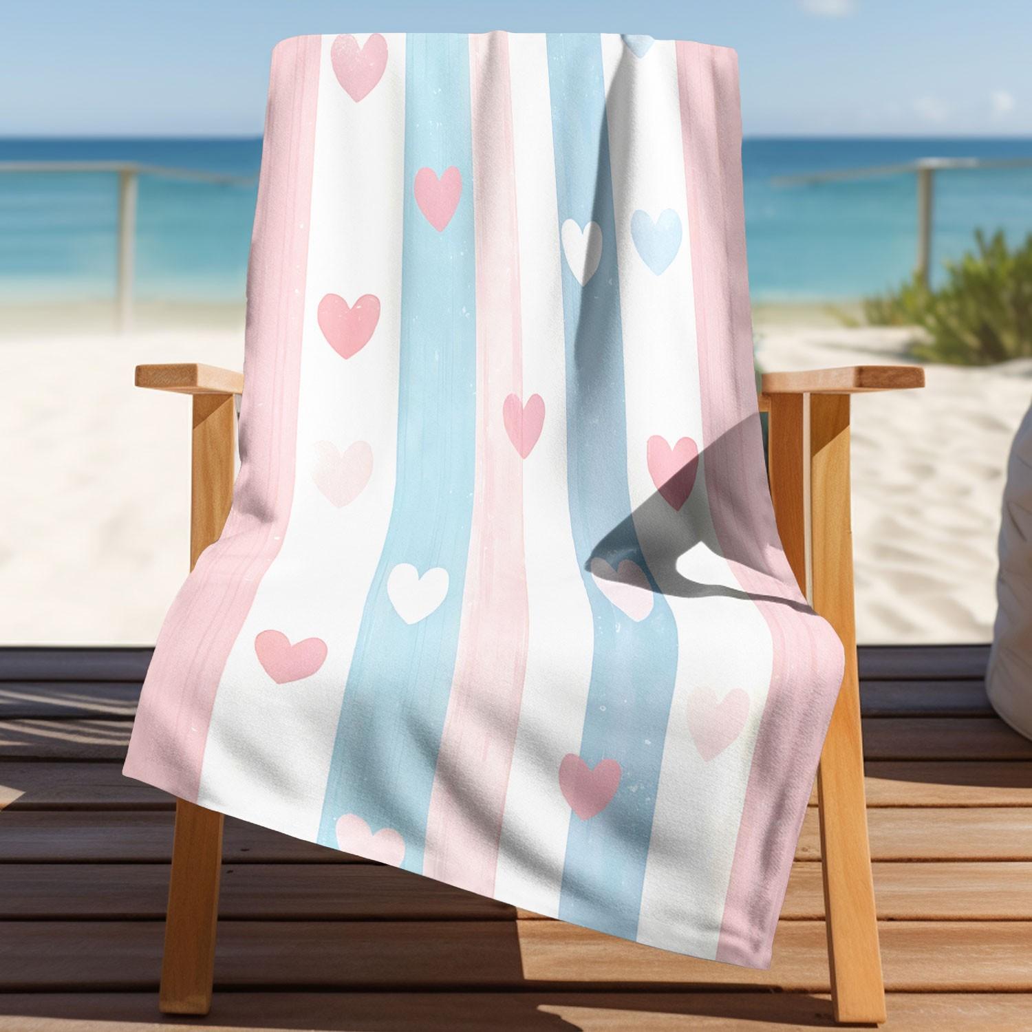 1pc Blue Striped Heart Print Beach Towel, Quick-Dry Sand-Free Ultra-Fine Fiber Bath Towel, Cute Heart Pattern Absorbent Towel