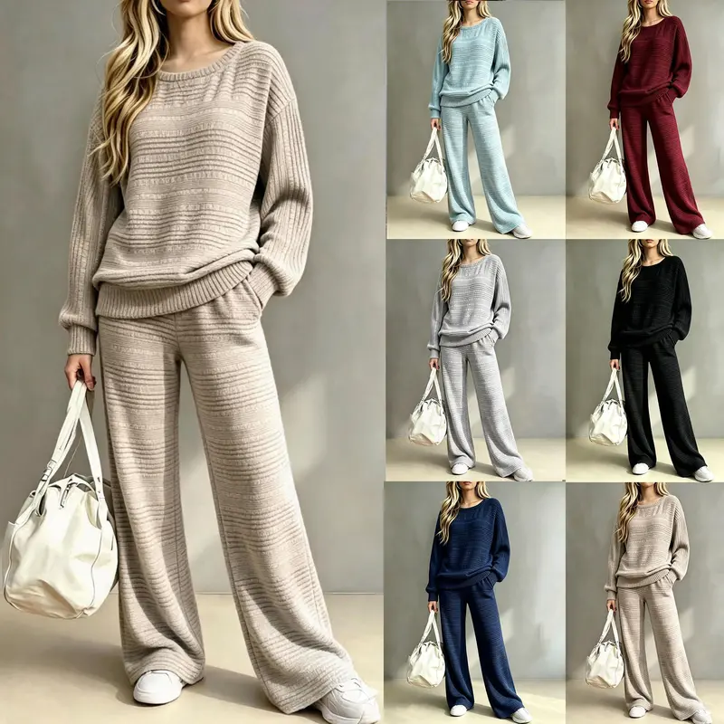 Women’s Knit Two Piece Set, Soft Oversized Long Sleeve Sweater Top with Wide Leg Pants, Casual Lounge Matching Outfit, Loose Fit Cozy Sweater Tracksuit for Women Fall Winter Streetwear Travel Weekend Daily Wear Minimalist Fashion