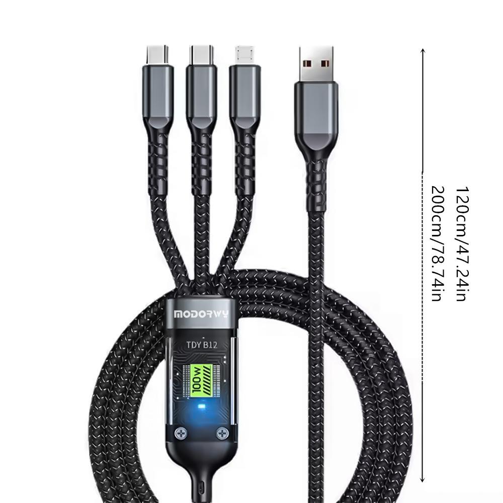 3-in-1 100W Phone Charging Cable, USB to Type-C Fast Charger Cable, Mobile Phone Charger Cable for iPhone 15 14 Samsung Xiaomi Huawei