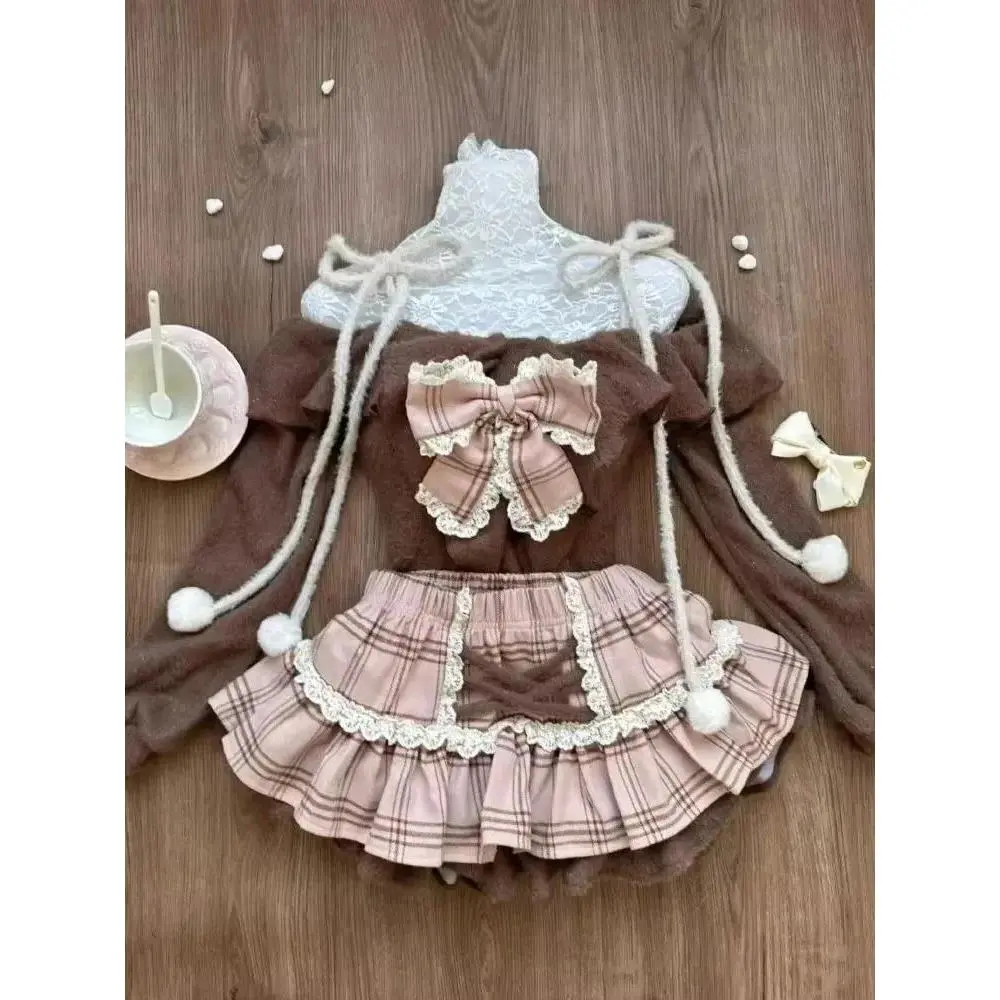 Korean 2 Piece Sets Women Casual Bow Y2k Crop Top Blouse + Mini Skirts 2000s Vintage Suits Chic Japanese Kawaii Clothing Autumn