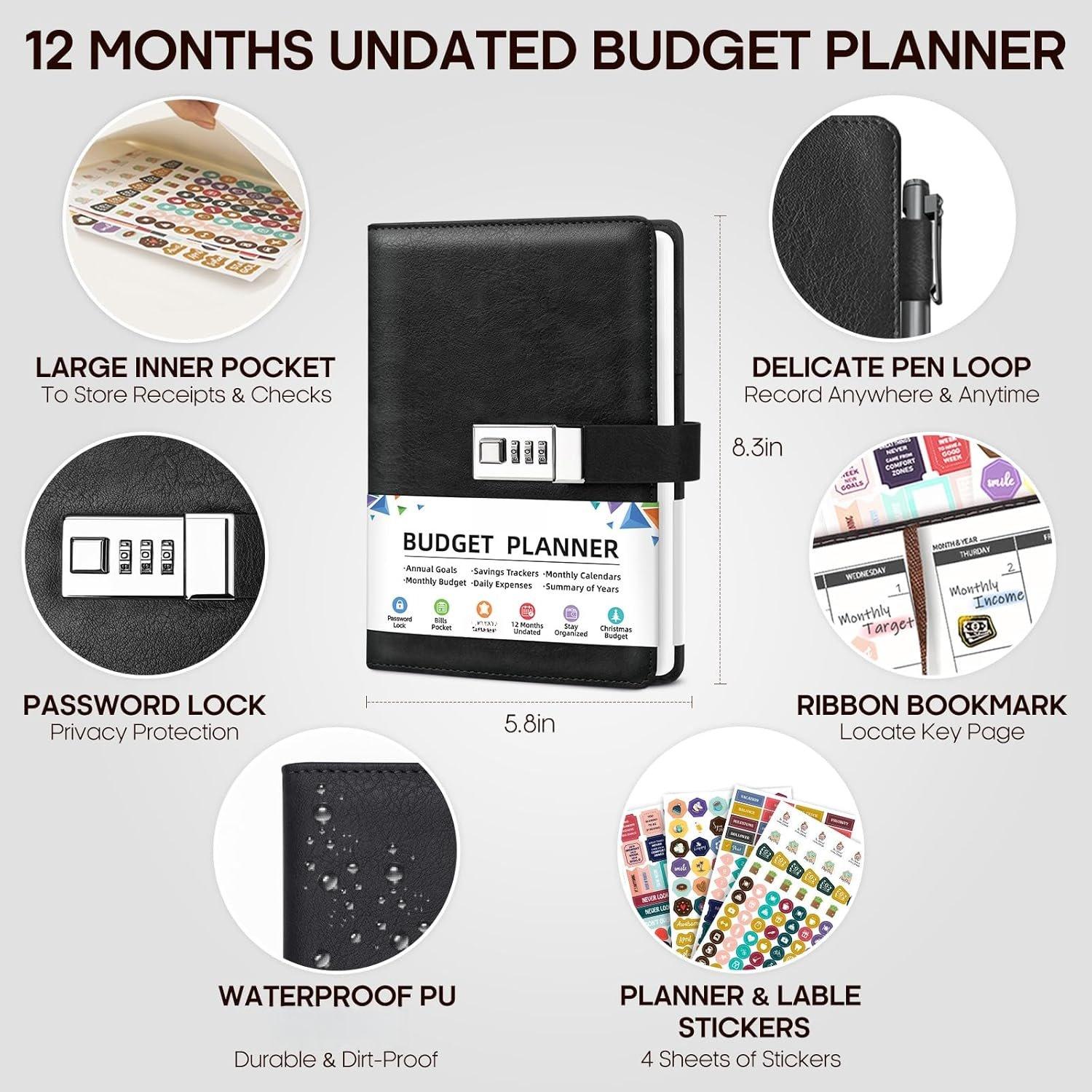 Budget Planner 2026 with Lock, Black | Monthly Budget Planner with Expense , Undated Financial Organizer to Manage , A5 Leather Budget Book