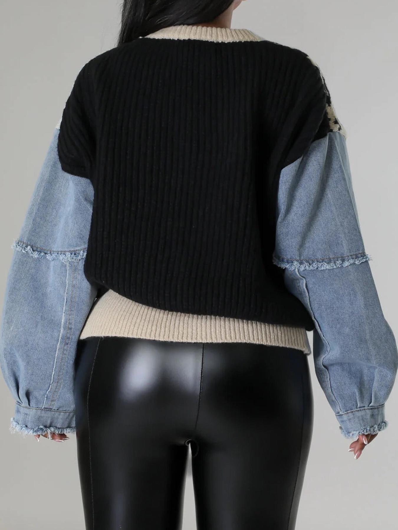 Women's Patchwork Sweater Pullover without Bottom, Casual Long Sleeve Jumper for Fall & Winter, Fashion Ladies' Knitwear for Daily Wear