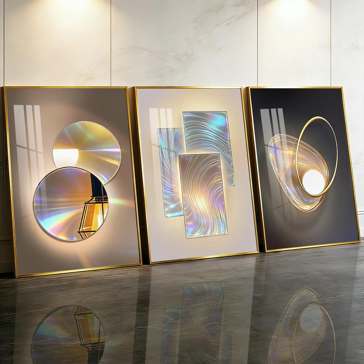 3 Counts Aluminum Alloy Framed Painting, Gradient Iridescent Abstract Light Art Pictures, Home Decoration For Living Room, Bedroom, Office, Restaurant, Hallway Wall Decor, Odorless Print Artwork, Luxury Perfect Gift For Friends And Family