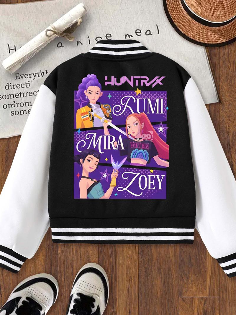 Anime Hunter Girl Short Baseball Collared Jacket, Casual Sports School Uniform, Elastic Fabric, Girls Fall Winter Halloween Outerwear