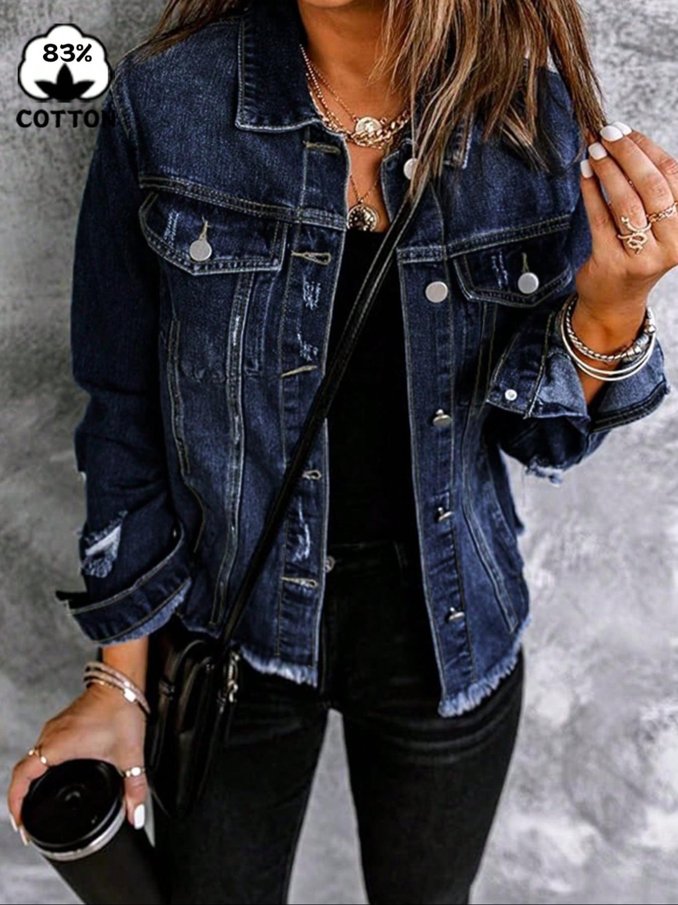 Women's Fall Winter Washed Denim Jacket Coat, Vintage Ripped Long Sleeve Jacket, Casual Autumn Winter Outerwear
