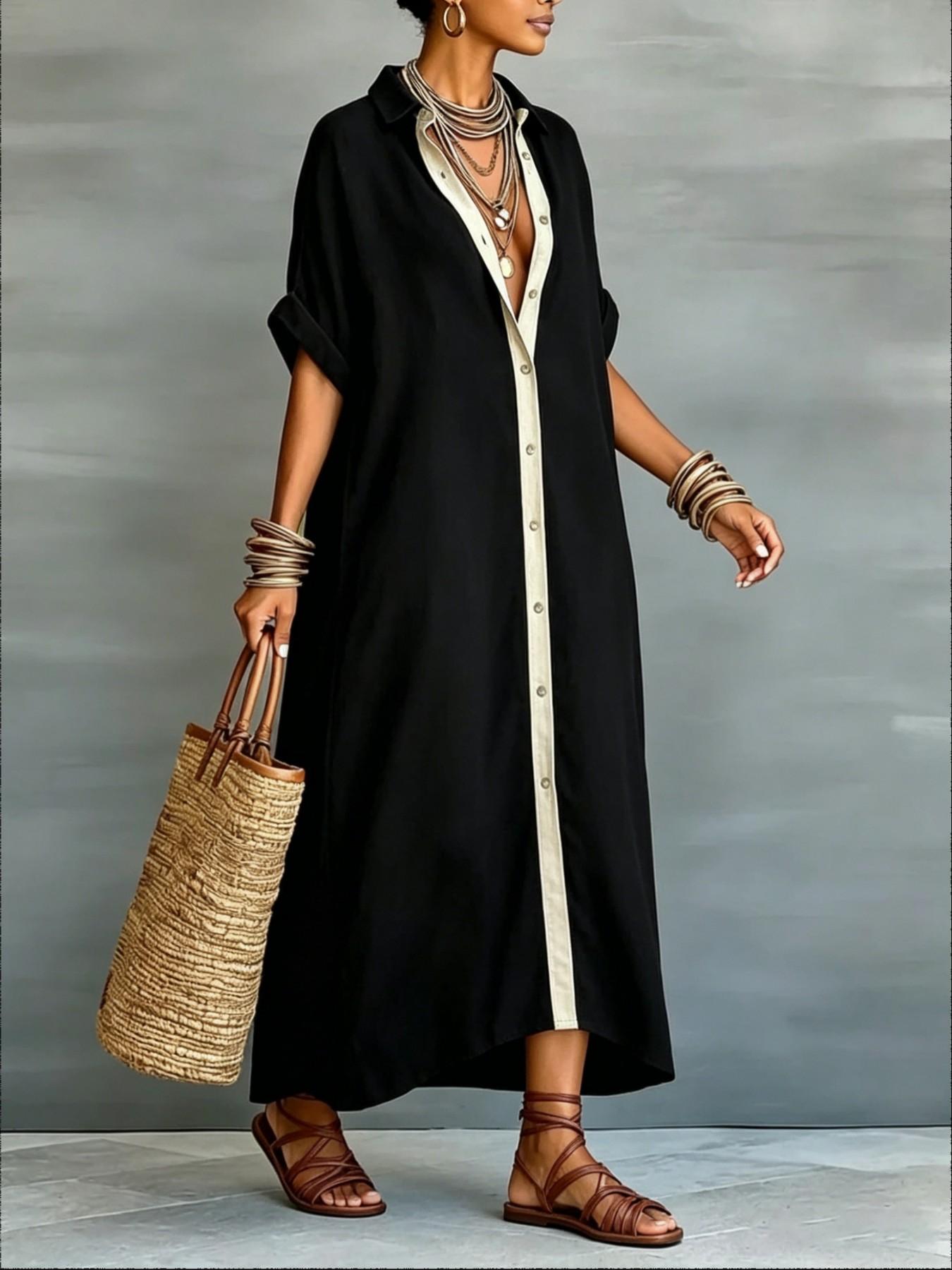 Women's Casual Colorblock Collared Button Front Long Dress, Boho Bohemian Lazy Style Short Sleeve Sun Protection Shirt Dress for Summer Vacation Boho Beach Sundress