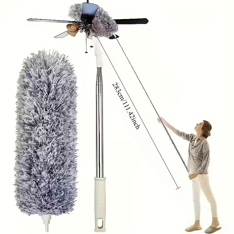 1-in-1 Retractable Extension Pole & Dusting Brush with Ergonomic Handle - Heavy-Duty Telescopic Pole, Washable Microfiber Heads for Wet/Dry Use, Multi-Purpose Ceiling/Furniture Cleaning - Space-Saving Duster, Ceiling Fan Duster for Hard-to-Reach Area