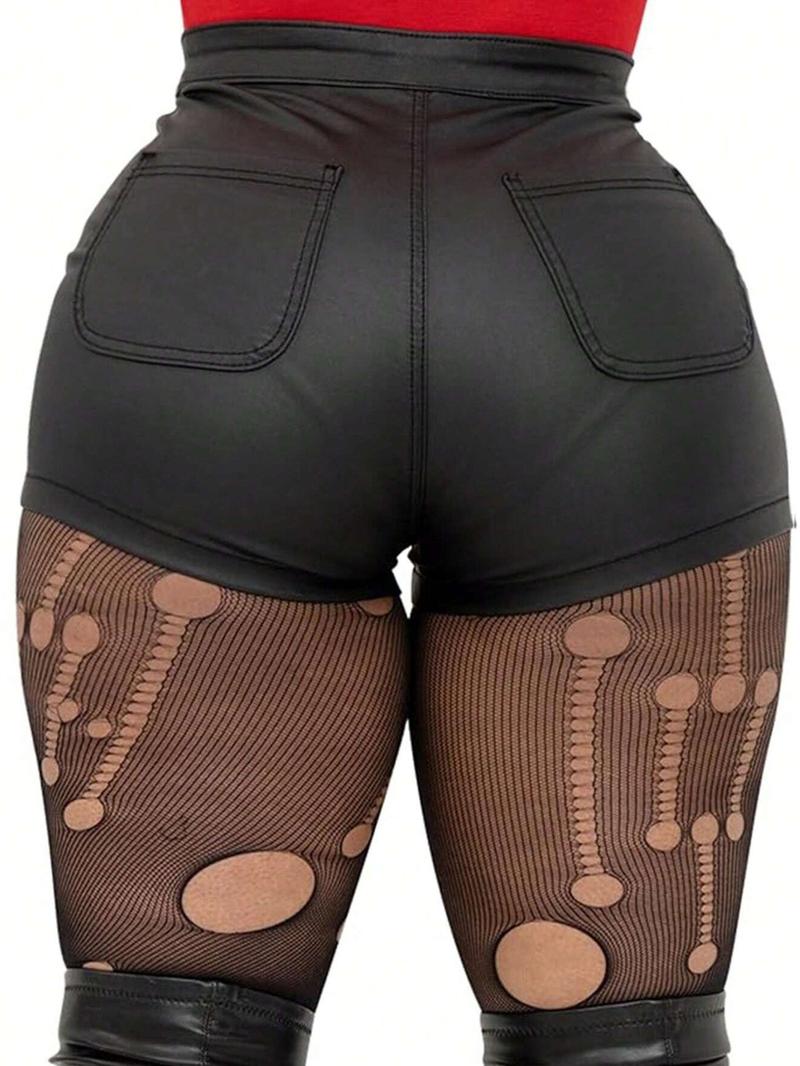 Women's Plain PU High-Waisted Button Closure Shorts, Fitted Casual Style, 1 Piece, Perfect for Everyday Wear