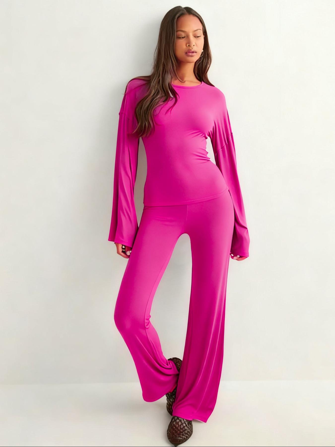 Women's New Fall Fitted Round Neck Flare Sleeve Top & Elastic Waist Straight Leg Pants Set, Casual Fashion for Daily Wear