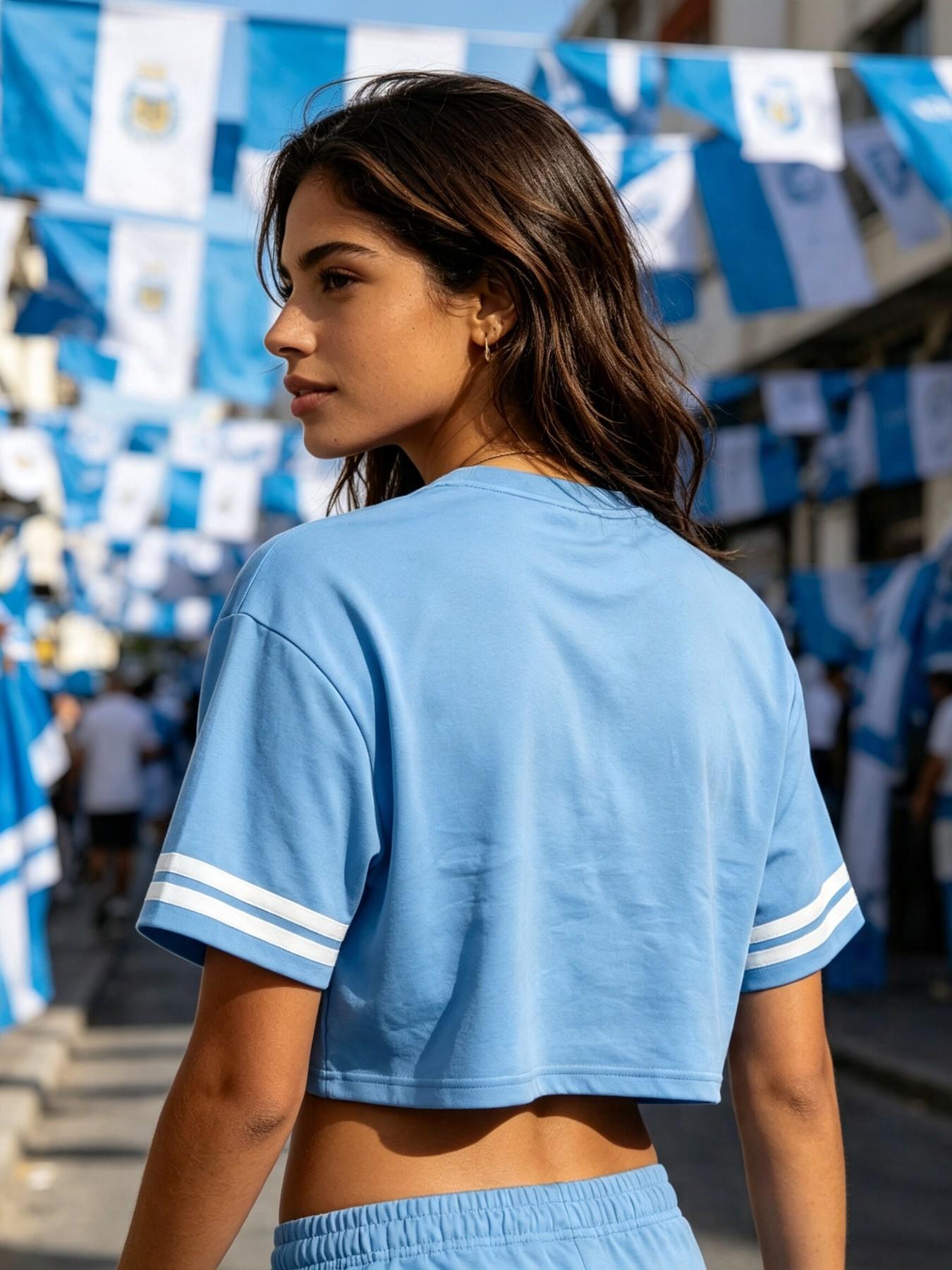Argentina Crop Top Fan T-Shirt, Light Blue, Striped Sleeves, Soft Breathable Loose Fit, Sporty Style, Women's Football Gear, Jersey Crop Top