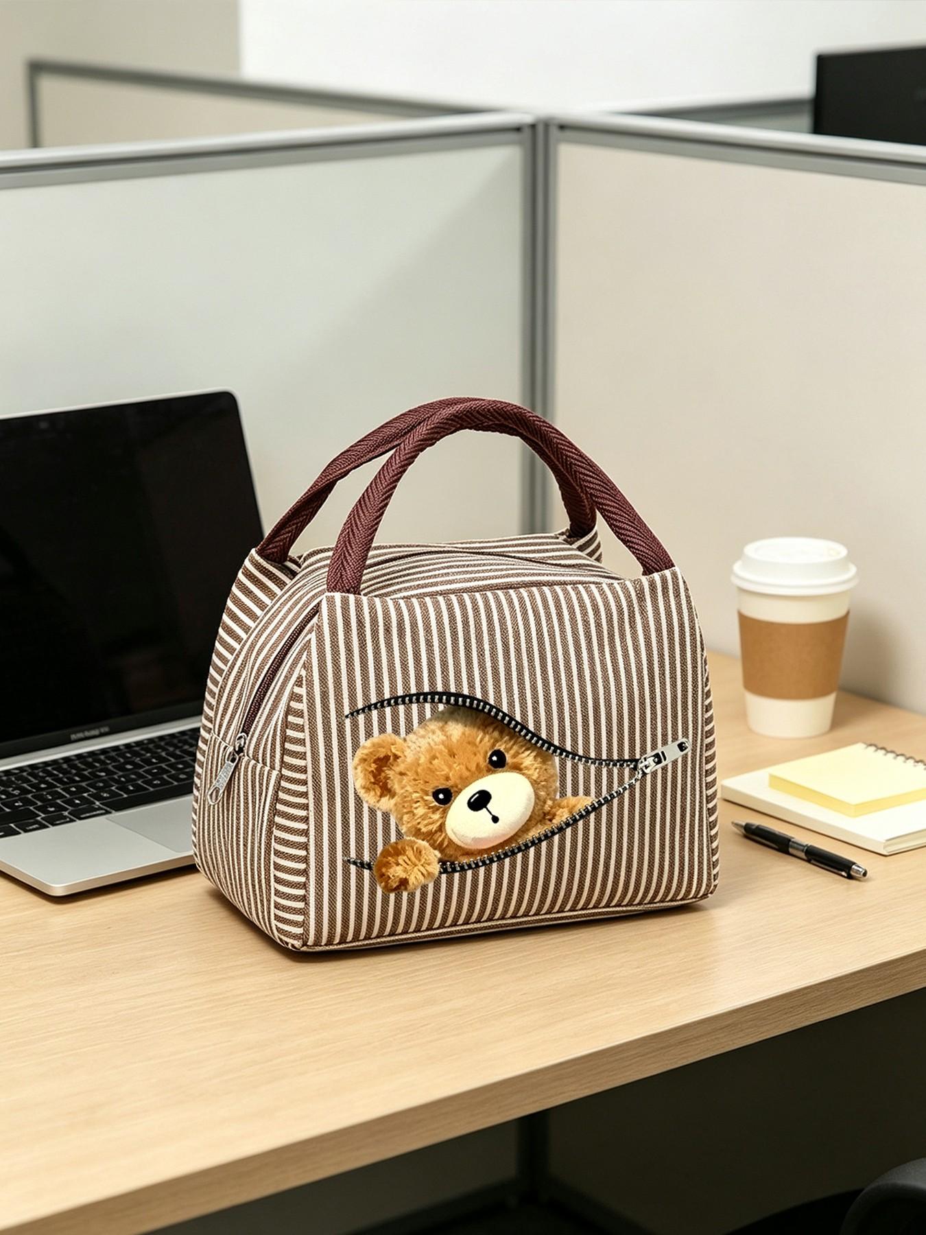 Creative Zipper Bear Lunch Bag, Insulated Meal Pouch, Thick Striped Handle, Large Capacity, Outdoor Picnic, Insulated Lunch Tote, Multiple Colors Available