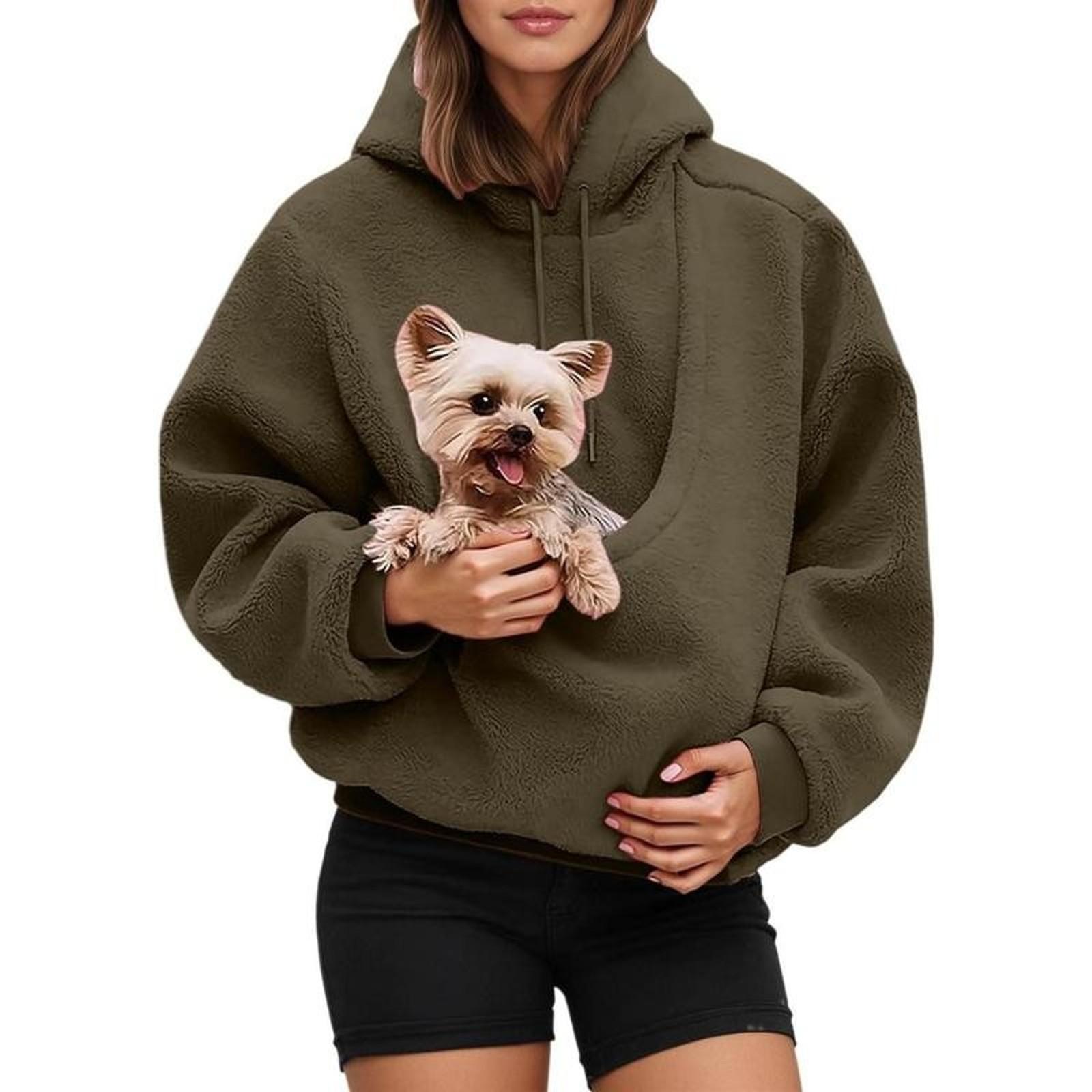 Pet Pouch Hoodie Winter Thick Waterproof Fleece Jacket for Small Cats and Dogs with Front Carry Pouch for Outdoor Use Normal Type