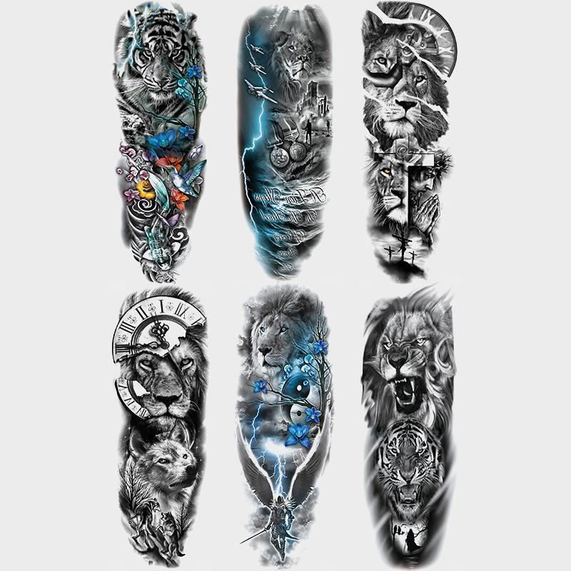 6-Piece Temporary Tattoo Stickers, Waterproof Animal Sleeve Art Tattoos, Lion Tiger Jesus Design, Easy to Apply, Unisex Body Art Accessories, Waterproof Realistic Tattoos