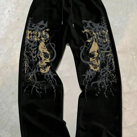 Men's Casual Sporty Long Pants, Skull Pattern Print, Drawstring Wide Leg, Loose-Fitting, All Seasons, Graphic Style, Athleisure Style, Sports Bottoms, Casual Athletic Pants, Casual Sportswear Pants, Loose Athletic Trousers