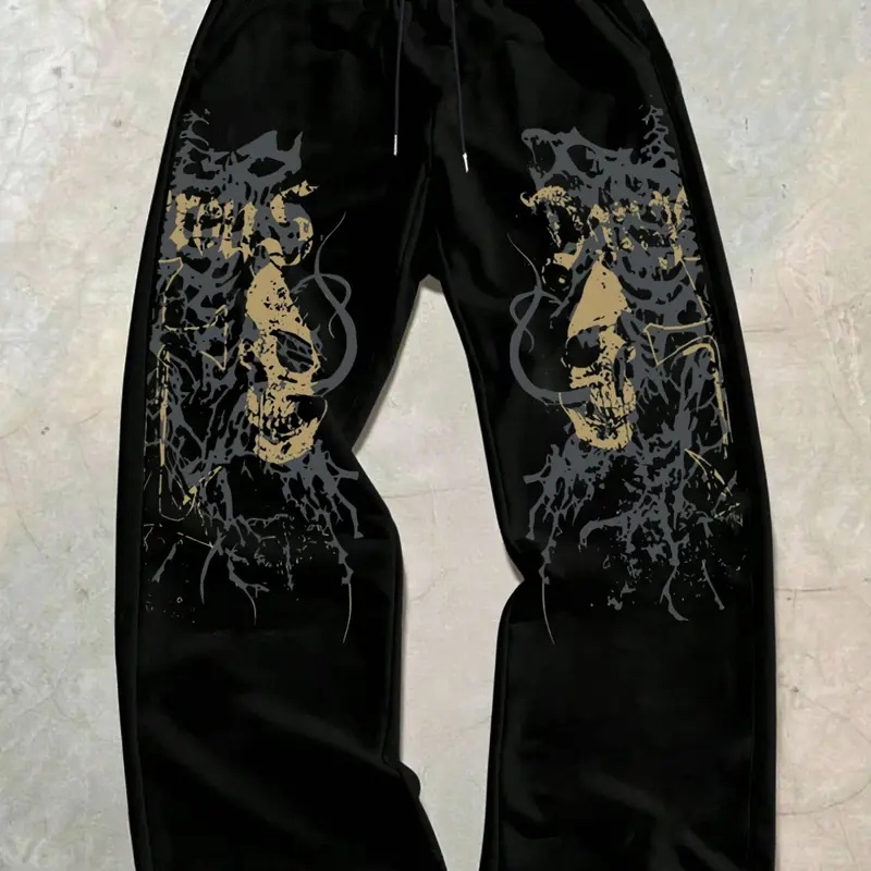 Men's Casual Sporty Long Pants, Skull Pattern Print, Drawstring Wide Leg, Loose-Fitting, All Seasons, Graphic Style, Athleisure Style, Sports Bottoms, Casual Athletic Pants, Casual Sportswear Pants, Loose Athletic Trousers